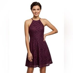 Love Fire Women's High Neck Lace Fit & Flare Dress - Plum XS